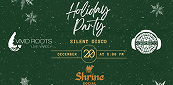 Green holiday party flyer with text and snowflakes